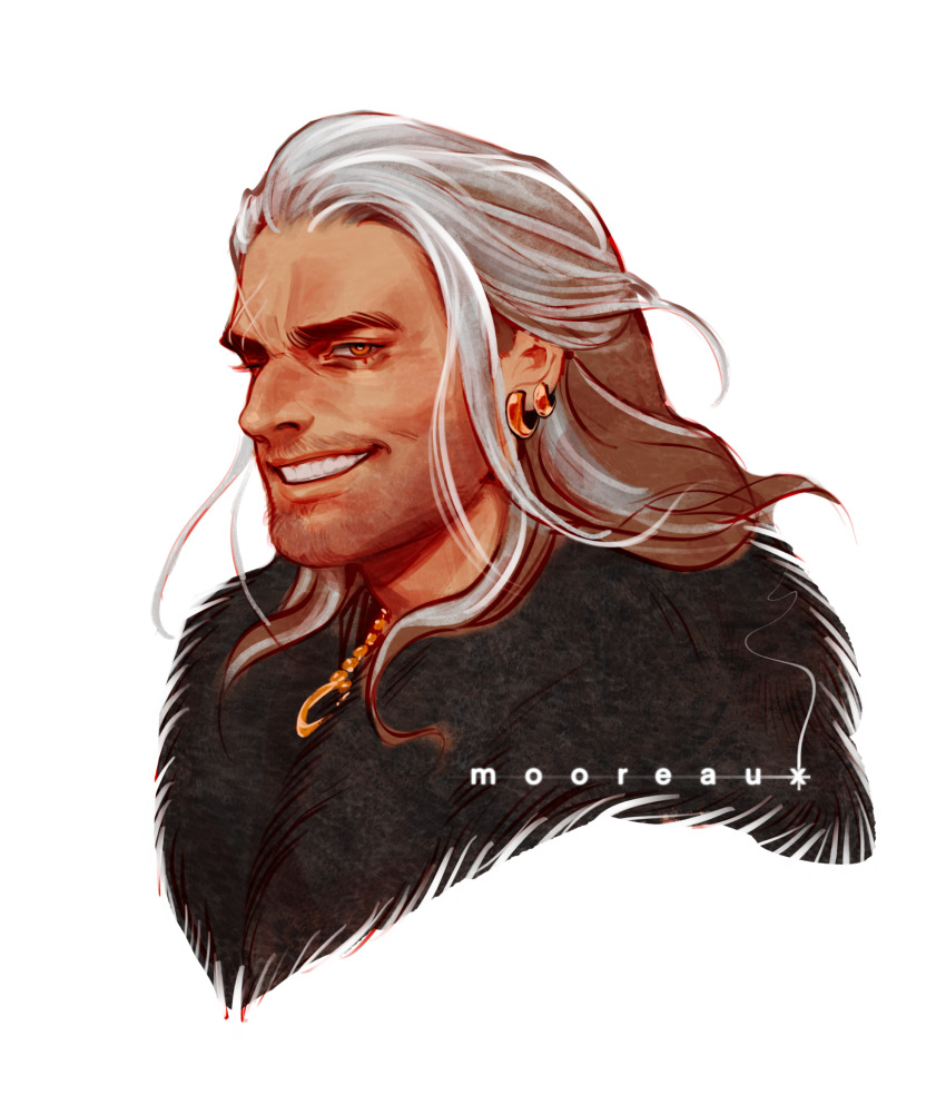 1boy, beard_stubble, brown_eyes, cropped_torso, dragon_age, dragon_age:_inquisition, dragon_age_2, dwarf, earrings, facial_hair, grey_hair, hair_slicked_back, highres, jewelry, male_focus, mature_male, mooreaux, multicolored_hair, necklace, orange_hair, simple_background, solo, stubble, thick_eyebrows, two-tone_hair, varric_tethras, white_background