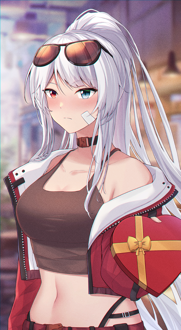 1girl, alpha_(pgr), alternate_costume, bandaid, bandaid_on_cheek, bandaid_on_face, black_tank_top, blue_eyes, box, cesvelox, english_text, eyewear_on_head, gift, gift_box, grey_hair, heart-shaped_box, heterochromia, highres, holding, holding_gift, jacket, long_hair, alpha:_crimson_weave_(pgr), navel, open_clothes, open_jacket, ponytail, punishing:_gray_raven, red_eyes, sidelocks, solo, sunglasses, tank_top, two-sided_fabric, two-sided_jacket, valentine, zipper