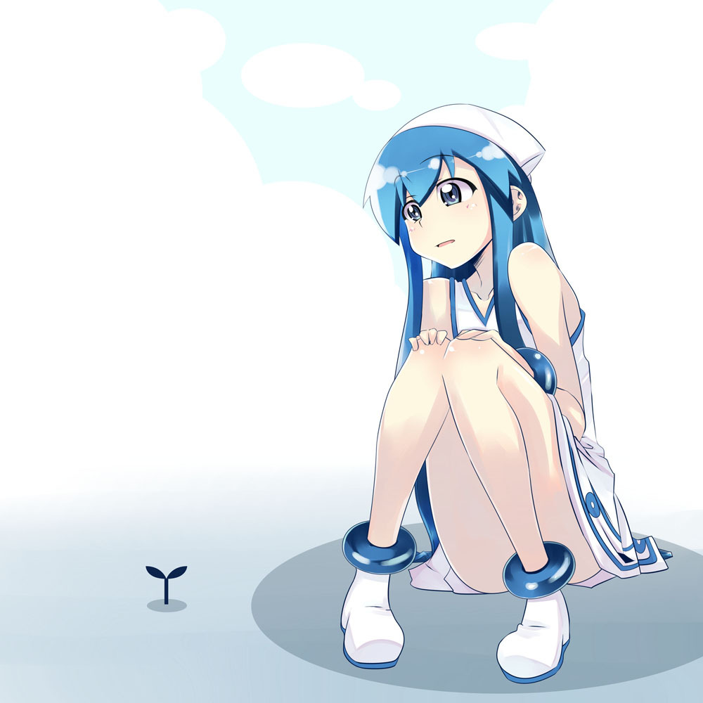 1girl, blue_eyes, blue_hair, dress, female_focus, hands_on_own_knees, hat, ikamusume