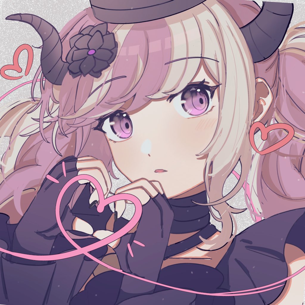 1girl, black_gloves, black_horns, braid, commentary, fingerless_gloves, gloves, hands_up, heart, heart_of_string, horns, long_hair, looking_at_viewer, master_detective_archives:_rain_code, mero_(merope_hika), open_mouth, pink_hair, portrait, shinigami_(rain_code), solo, untranslatable_commentary, twin_braids, upper_body