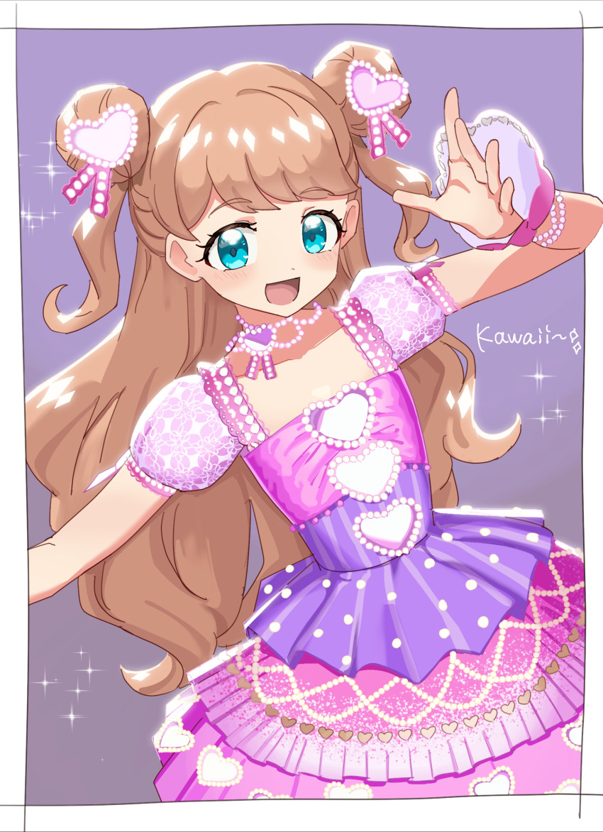1girl, :d, anisakisu, blue_eyes, border, brown_hair, commentary_request, cowboy_shot, double_bun, dress, hair_bun, hair_ornament, hand_up, heart, heart_hair_ornament, heart_print, high_school!_kiratto_pri_chan, highres, idol_clothes, kanamori_maria, kiratto_pri_chan, long_hair, looking_at_viewer, open_mouth, pink_dress, pretty_series, puffy_short_sleeves, puffy_sleeves, short_sleeves, smile, solo, standing, two_side_up, very_long_hair, white_border, wrist_cuffs