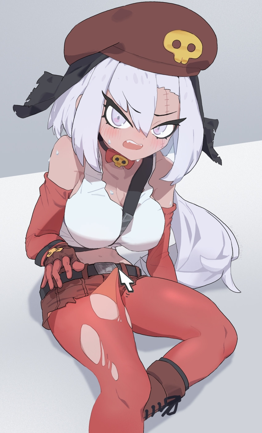 1girl, absurdres, bare_shoulders, belt, beret, black_belt, black_choker, blush