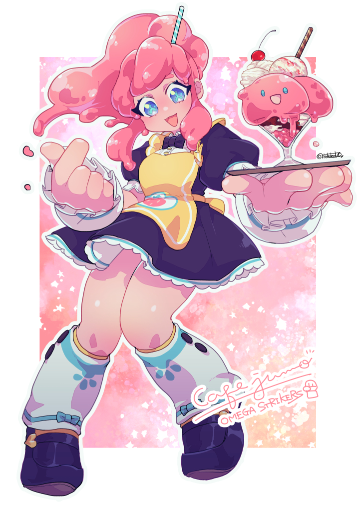 1girl, apron, black_bow, black_bowtie, black_dress, black_footwear, blue_eyes, blue_socks