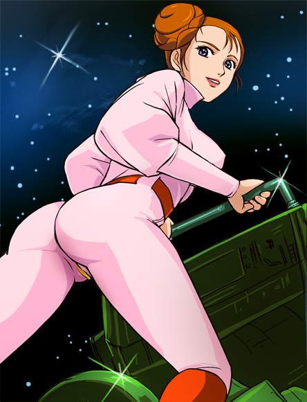 1girl, ass, bodysuit, breasts, brown_hair, clarissa_macdougall, double_bun, hair_bun, haruyama_kazunori, lensman, lipstick, looking_at_viewer, makeup, pink_bodysuit, short_hair, smile, solo, star_(sky)