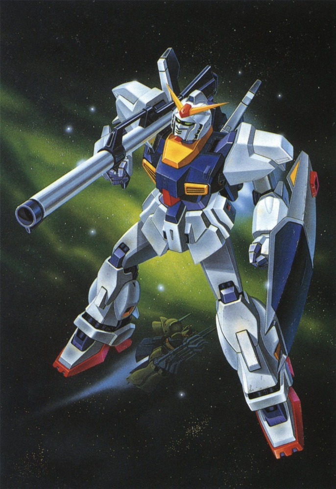 1980s_(style), battle, bazooka_(gundam), gundam, gundam_mk_ii, hasegawa_masayuki, machinery, mecha, milky_way, nebula, no_humans, official_art, oldschool, painting_(medium), realistic, retro_artstyle, robot, scan, science_fiction, star_(sky), traditional_media, v-fin, zeta_gundam