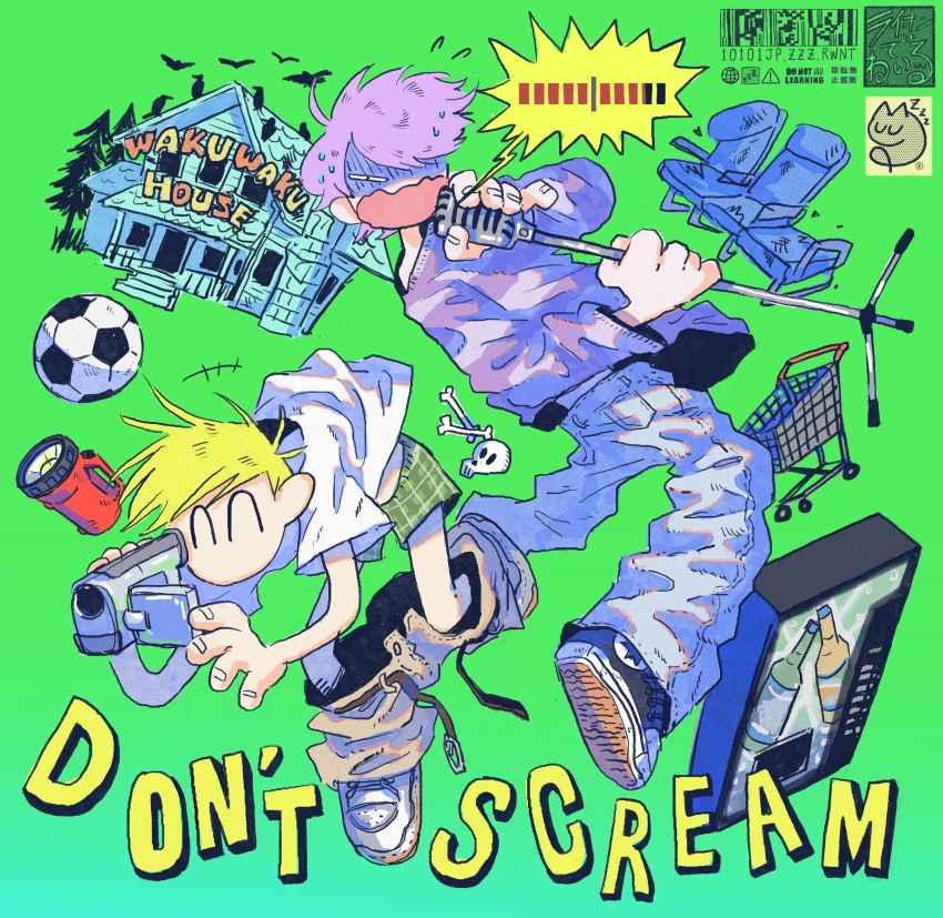 +++, 2boys, ^_^, absurdres, artist_logo, ball, bent_over, bird, blonde_hair, bone, boxers, brown_pants, camcorder, camera, closed_eyes, commentary, commentary_request, copyright_name, crow, denim, don't_scream, english_commentary, flashlight, flying_sweatdrops, gameplay_mechanics, gradient_background, green_background, hair_over_one_eye, highres, holding, holding_camera, holding_microphone, house, jack-o'_ran-tan, jeans, lion_wa_neteiru, logo, looking_at_viewer, looking_back, male_focus, male_underwear, microphone, mixed-language_commentary, multiple_boys, napoli_no_otokotachi, nervous_sweating, no_mouth, one_eye_covered, pants, pants_around_ankles, pinky_out, purple_hair, purple_sweater, screaming, shirt, shoes, shopping_cart, short_hair, short_sleeves, skull, sneakers, soccer_ball, spoken_symbol, sugiru_(napoli_no_otokotachi), sweat, sweater, t-shirt, turn_pale, twisted_torso, underwear, vending_machine, video_camera