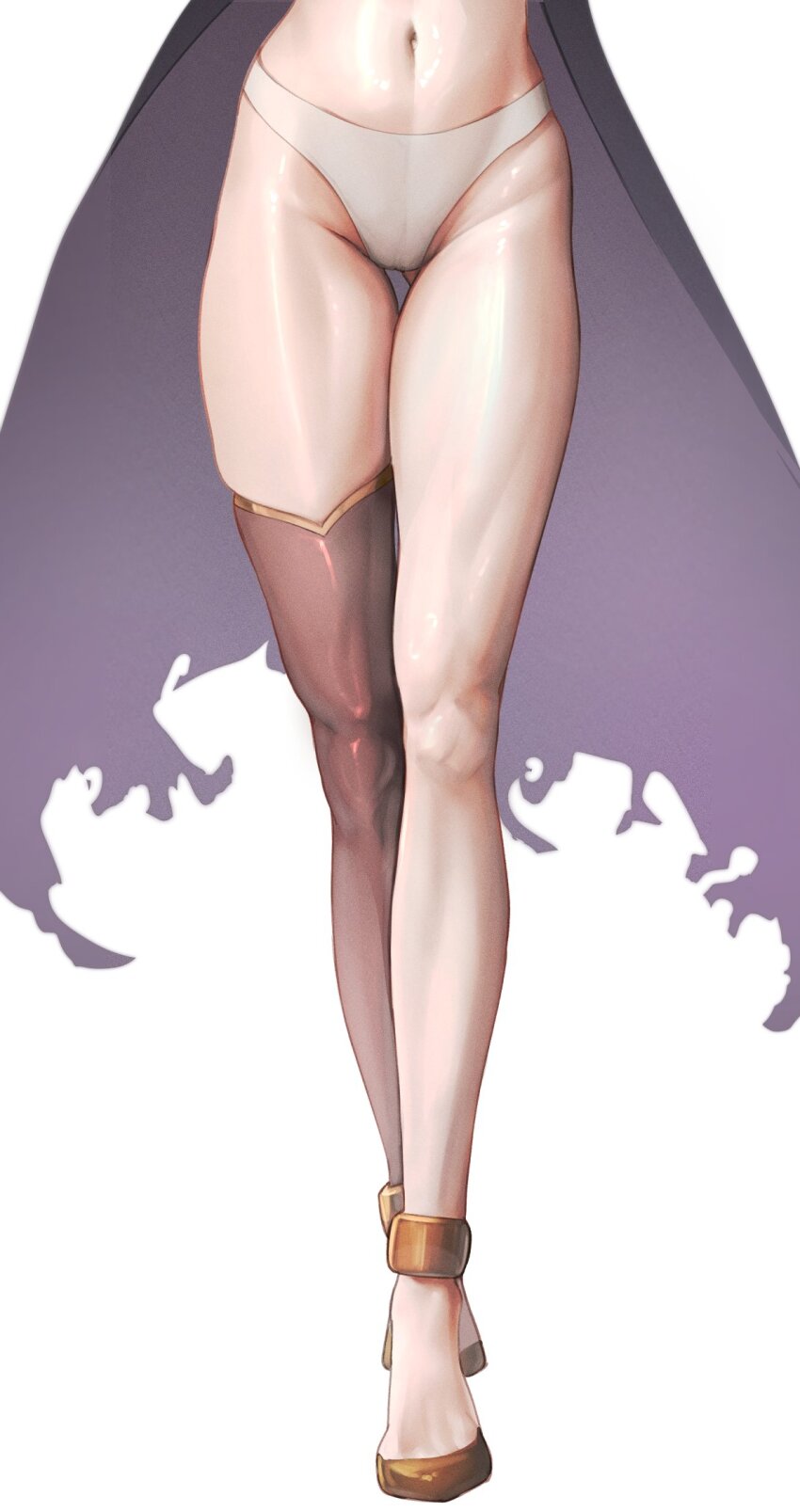1girl, black_cape, black_thighhighs, cape, gluteal_fold, gold_footwear, gold_trim, groin