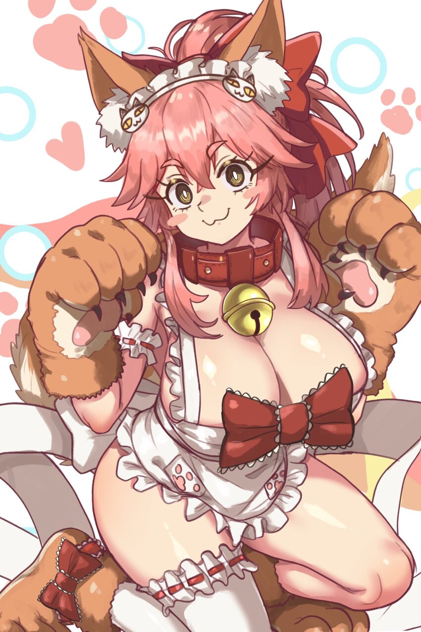 1girl, animal_ear_fluff, animal_ears, animal_hands, apron, bare_shoulders, bell, blush