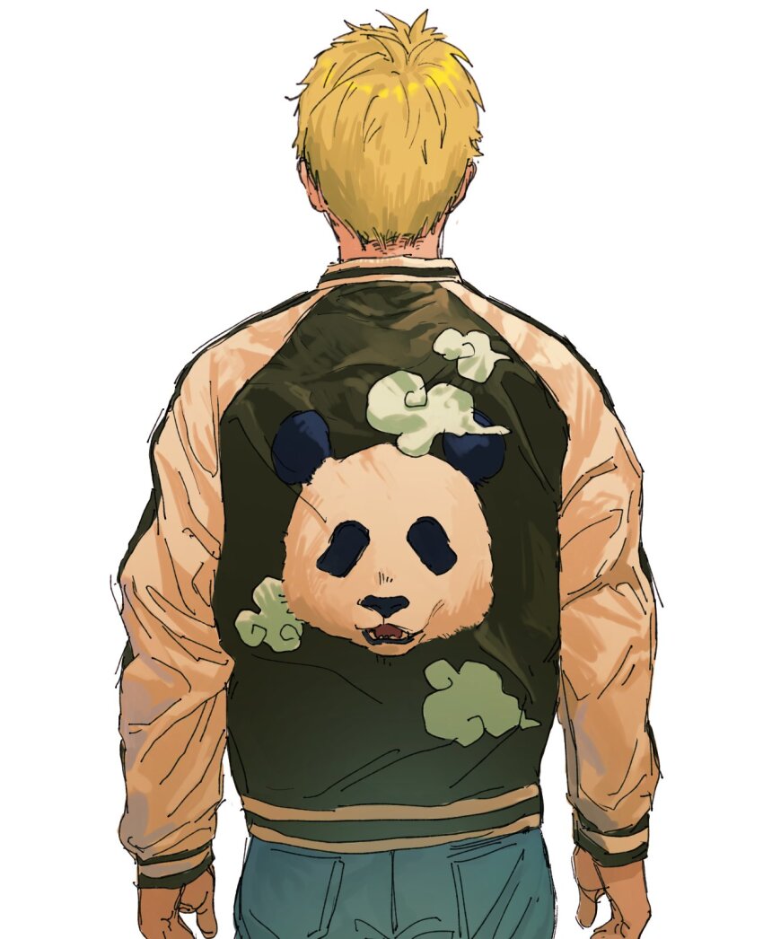 1boy, alternate_costume, animal_print, arms_at_sides, bear_print, black_jacket, blue_pants, cloud_print