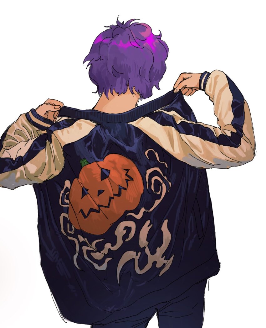 1boy, alternate_costume, blue_jacket, contrapposto, cowboy_shot, facing_away, from_behind, hands_up