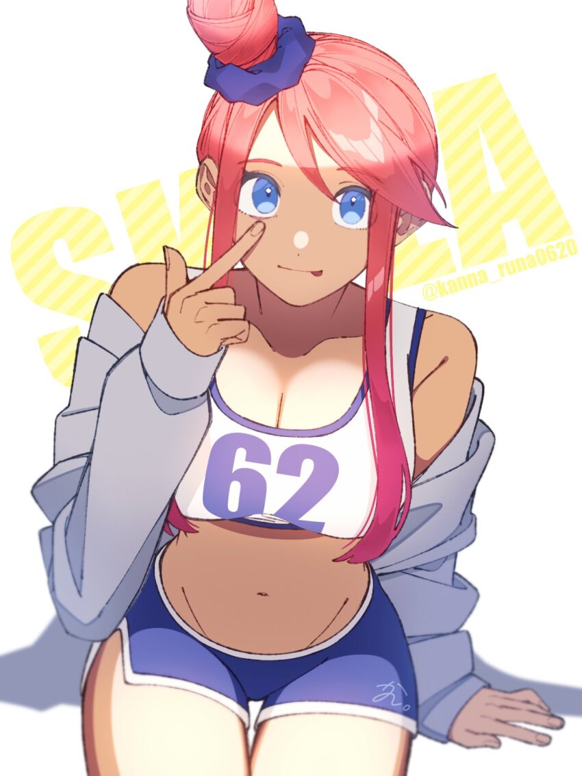 1girl, :p, alternate_costume, arm_support, blue_eyes, breasts, cleavage, commentary_request