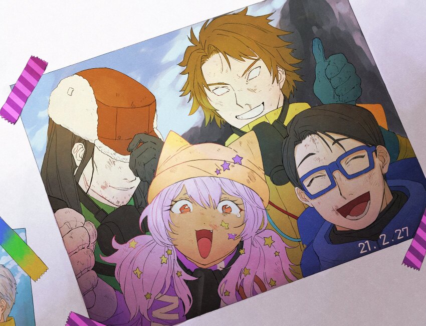 1girl, 4boys, :3, adjusting_clothes, adjusting_headwear, animal_ear_headwear, animal_ears, beanie, beard_stubble, black_gloves, blank_eyes, blood, blue-framed_eyewear, blue_gloves, blue_jacket, brown_hair, clenched_hand, closed_eyes, commentary, covering_own_eyes, curtained_hair, dark-skinned_female, dark_skin, dirty, dirty_face, dutch_angle, ebetan_(napoli_no_otokotachi), facial_hair, fake_animal_ears, fang, fur-trimmed_headwear, fur_trim, glasses, gloves, green_jacket, grey_hair, grin, gyaru, hair_ornament, hair_over_shoulder, hat, hat_over_eyes, highres, jacket, kevin_kingston, kyouki_sanmyaku_~jashin_no_itadaki~, long_hair, low_twintails, mask, multiple_boys, napoli_no_otokotachi, nasubinonono, nosebleed, open_mouth, orange_eyes, out_of_frame, photo_(object), purple_hair, purple_jacket, respirator, shiumi_saburou, short_hair, smeared_blood, smile, star_(symbol), star_hair_ornament, star_sticker, sticker, sticker_on_face, stubble, sugiyama_tetsushin, swept_bangs, tape, thumbs_up, trapper_hat, twintails, yellow_jacket