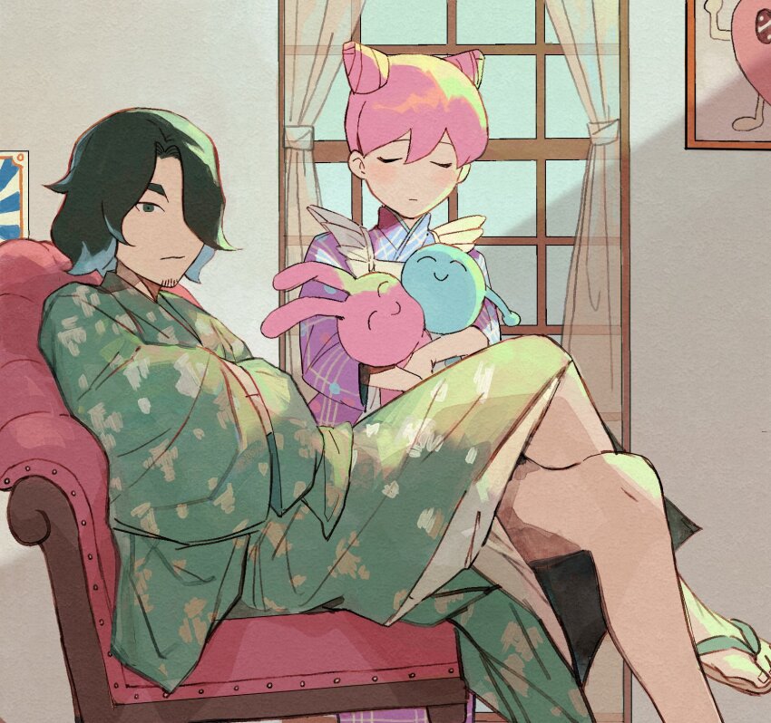 1boy, 1girl, alternate_costume, apron, black_hair, blush, chair, cone_hair_bun, crossed_legs, double_bun, facial_hair, facing_viewer, flip-flops, foot_out_of_frame, goatee_stubble, green_kimono, hacchi's_mahou_shoujo_minky_pinky, hacchi_(napoli_no_otokotachi), hair_bun, hands_in_opposite_sleeves, highres, holding, holding_stuffed_toy, indoors, japanese_clothes, kimono, long_sleeves, looking_at_viewer, maid, maid_apron, napoli_no_otokotachi, nasubinonono, no_socks, on_chair, one_eye_covered, picture_frame, pink_hair, print_kimono, purple_kimono, reclining, sandals, short_hair, standing, stubble, stuffed_toy, wa_maid, wide_sleeves, window