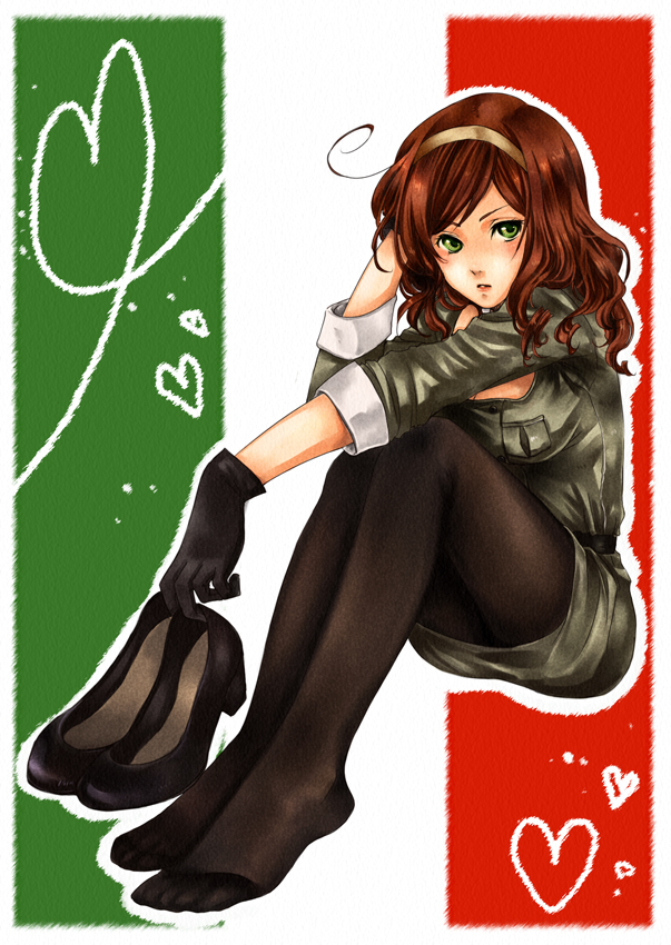 1girl, adjusting_hair, ahoge, axis_powers_hetalia, bad_id, bad_pixiv_id, breasts, brown_hair, cleavage, female_focus, genderswap, genderswap_(mtf), gloves, green_eyes, hairband, high_heels, medium_breasts, military, military_uniform, miniskirt, pantyhose, rokujou_(sakakixsakaki), sakai_cats, shoes, sitting, skirt, solo, southern_italy_(female)_(hetalia), southern_italy_(hetalia)