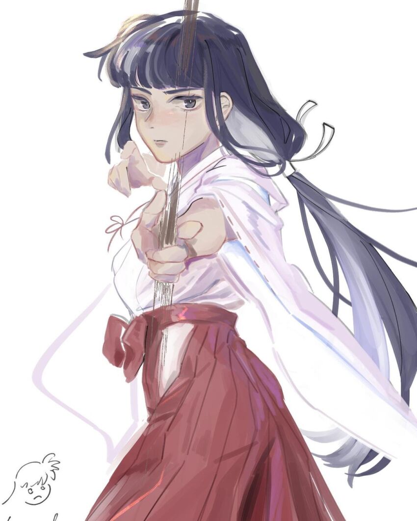 1girl, bad_source, black_hair, blunt_bangs, bow_(weapon), cowboy_shot, hakama, hakama_pants, highres, holding, holding_bow_(weapon), holding_weapon, inuyasha, japanese_clothes, kikyou_(inuyasha), kimono, looking_at_viewer, low_ponytail, pants, ponytail, profile, realemonade, red_hakama, simple_background, solo, weapon, white_background, white_kimono