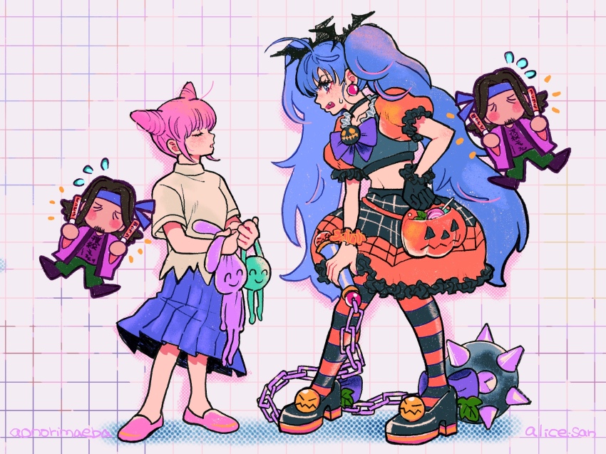 1boy, 2girls, ahoge, aonori_maeba, artist_name, bag, ball_and_chain_(weapon), bat_hair_ornament