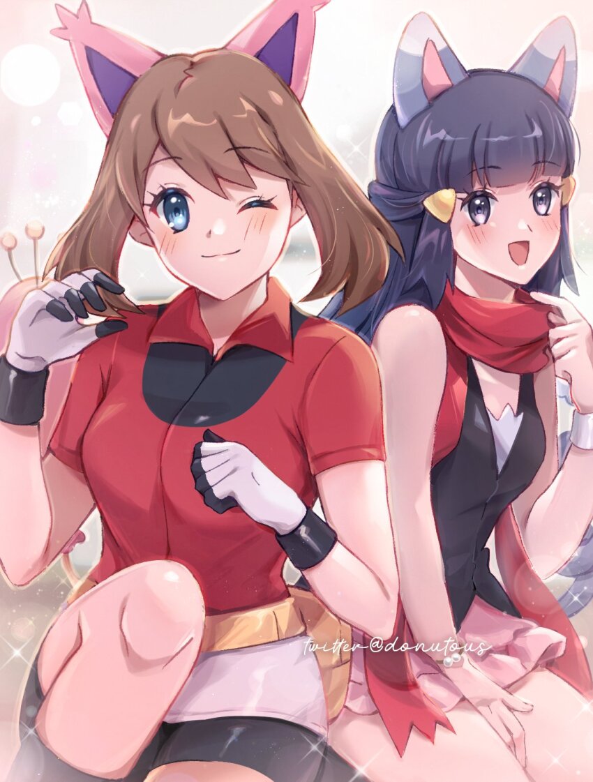 2girls, :d, ;3, animal_ears, black_dress, black_gloves, black_shorts, blue_eyes, blush, brown_hair, cat_ears, cat_girl, cat_tail, commentary, dawn_(pokemon), donutous, dress, fanny_pack, gen_3_pokemon, gen_4_pokemon, glameow, gloves, hair_ornament, hairclip, highres, looking_at_viewer, may_(pokemon), multiple_girls, nintendo, one_eye_closed, open_mouth, pink_skirt, pokemon, pokemon_diamond/pearl/platinum, pokemon_ruby/sapphire/emerald, purple_eyes, purple_hair, red_scarf, red_shirt, scarf, shirt, shorts, skirt, skitty, sleeveless, sleeveless_dress, smile, untranslatable_commentary, tail, twitter_username, two-tone_gloves, white_gloves