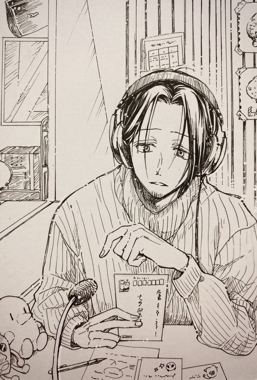 1boy, alice_(see_greeeen), card, commentary_request, curtained_hair, desk_microphone, elbow_on_table, facial_hair