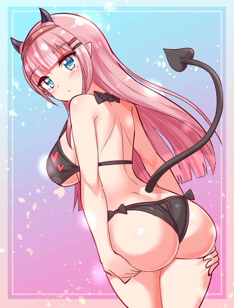 1girl, ass, ass_support, back, bikini, black_bikini, blue_eyes, blunt_bangs