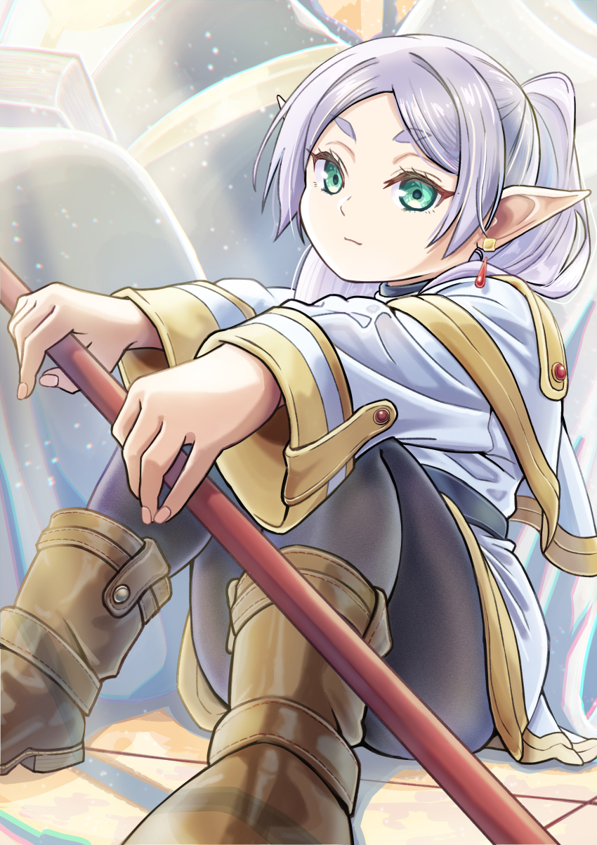 1girl, absurdres, black_pantyhose, boots, brown_boots, capelet, earrings, fingernails