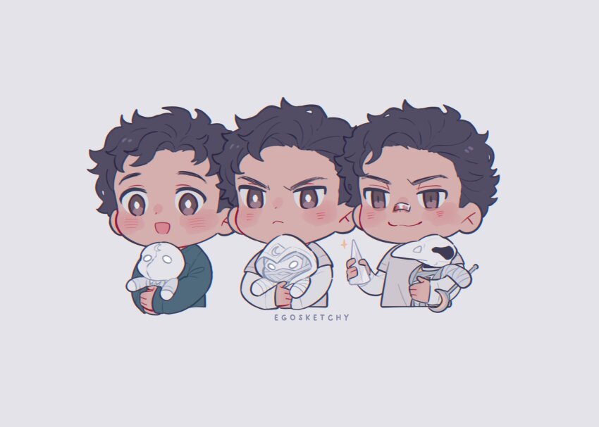 3boys, artist_name, bandaid, bandaid_on_face, bandaid_on_nose, black_hair, blush, brown_eyes