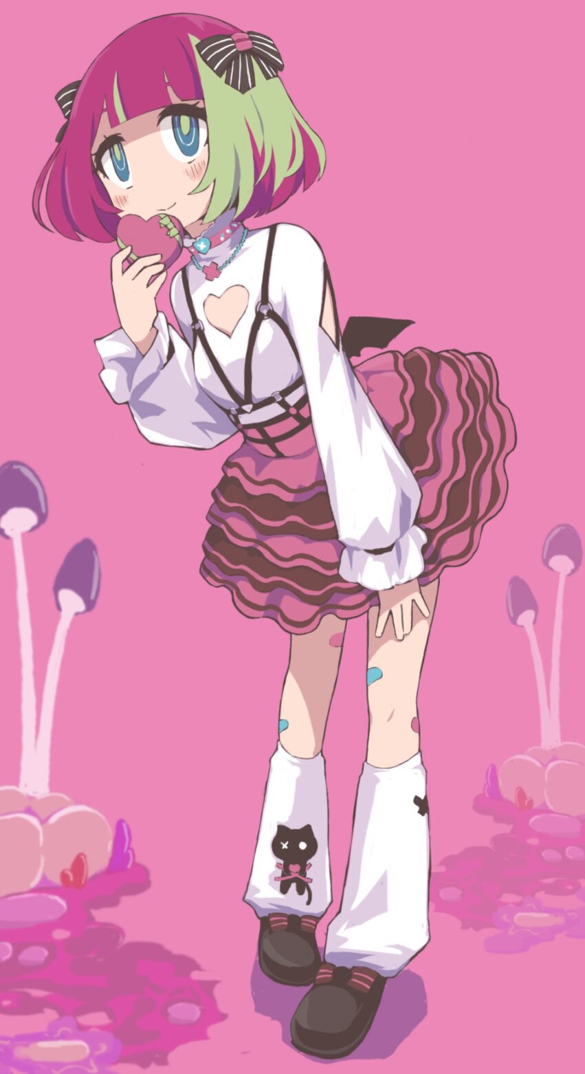 1girl, artist_request, avaritia_(magicami), black_footwear, blush, bob_cut, bow, closed_mouth