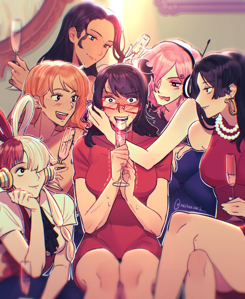 6+girls, affectionate_harem, bare_legs, black_hair, blush, boa_hancock, champagne_flute, commentary, crossed_legs, cup, dress, drinking_glass, english_commentary, female_focus, glasses, harem, headphones, highres, holding, holding_cup, hug, hug_from_behind, looking_at_another, multicolored_hair, multiple_girls, nami_(one_piece), nesheesuu2, nico_robin, one_piece, orange_hair, pink_hair, red-framed_eyewear, red_hair, sitting, smile, split-color_hair, tashigi, trembling, twitter_username, uta_(one_piece), vinsmoke_reiju, white_hair, yuri, yuri_harem