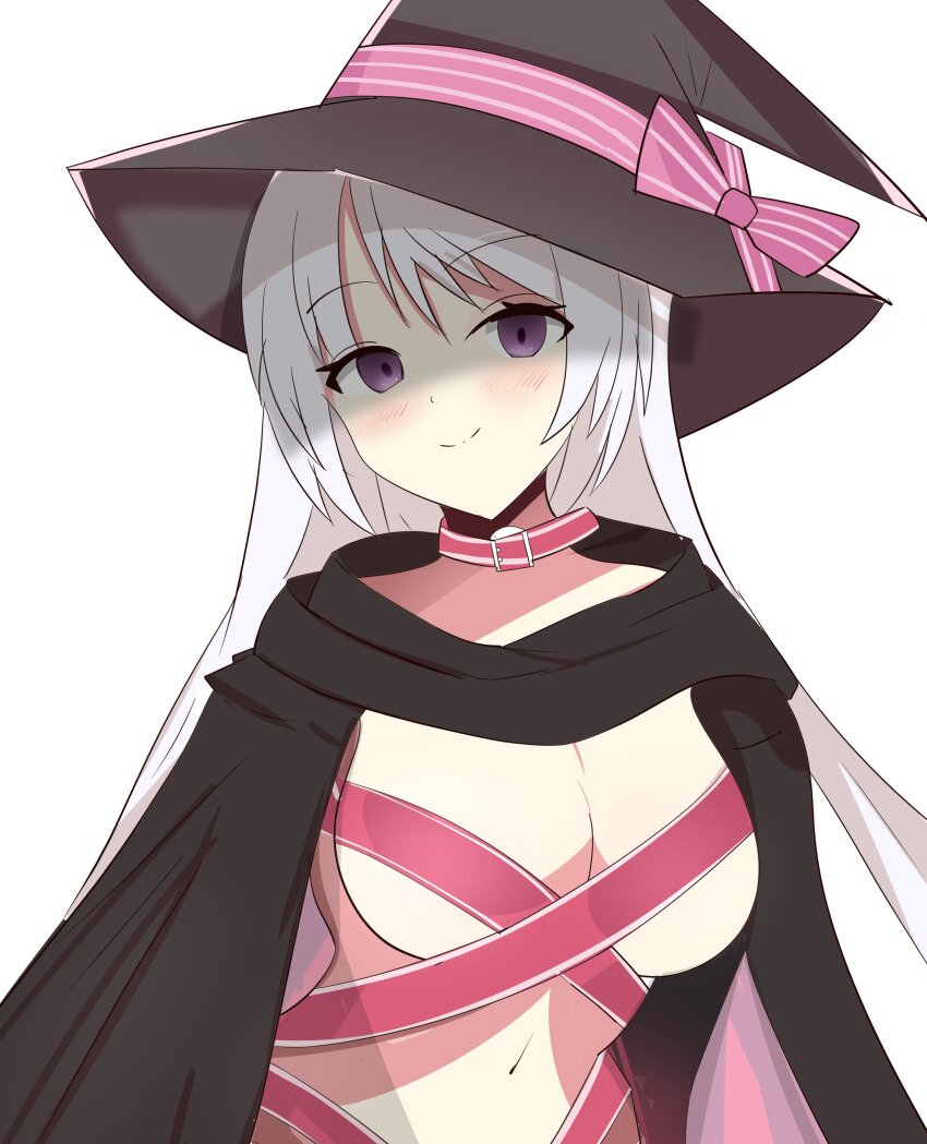 1girl, absurdres, angry, ayachi_nene, belt, belt_bra, belt_collar, black_cloak, black_hat, blush, bow, breasts, cleavage, cleveland1024, cloak, closed_mouth, collar, commentary_request, curvy, empty_eyes, eyes_visible_through_hair, grey_hair, hair_between_eyes, hat, hat_bow, highres, large_breasts, long_hair, looking_at_viewer, navel, pink_belt, pink_bow, sanoba_witch, shaded_face, simple_background, smile, solo, split_mouth, straight_hair, upper_body, very_long_hair, white_background, witch_hat