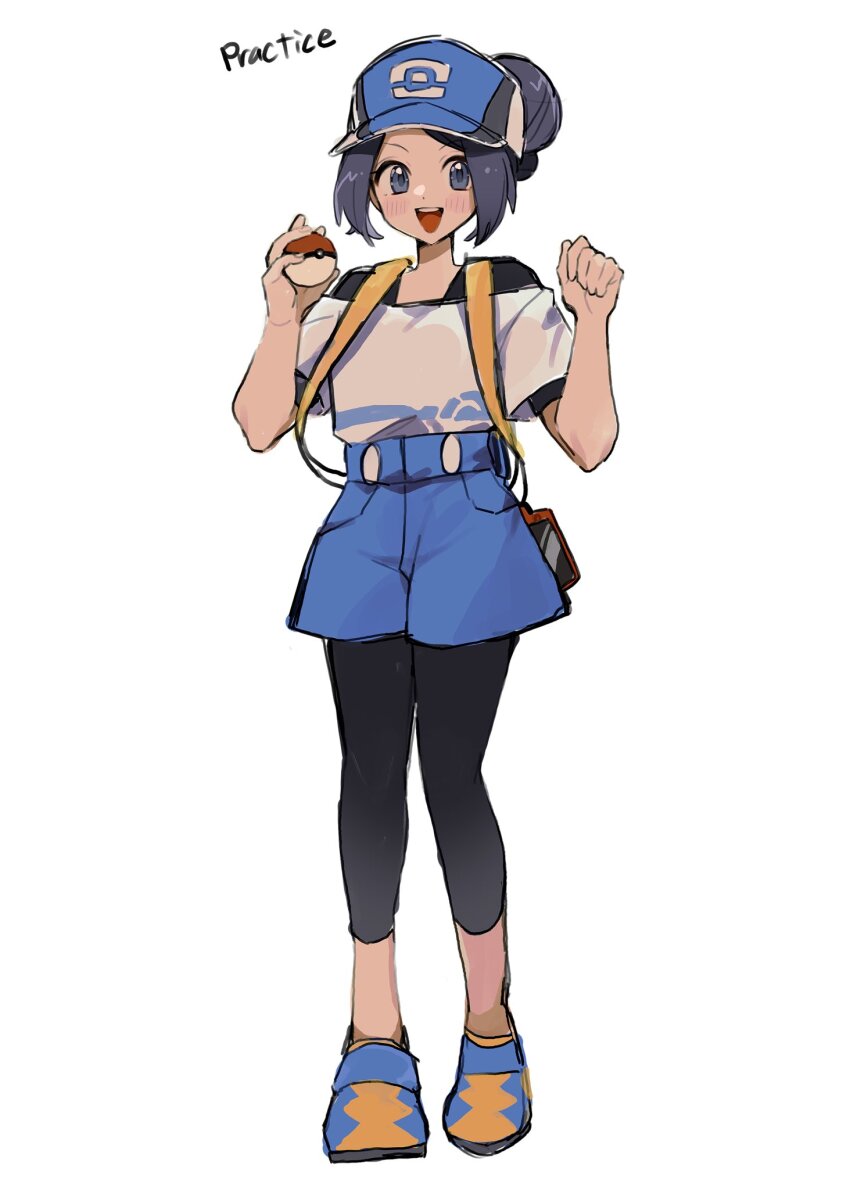 1girl, :d, bettie_(pokemon), black_eyes, black_hair, black_leggings, blue_hat, blue_shorts