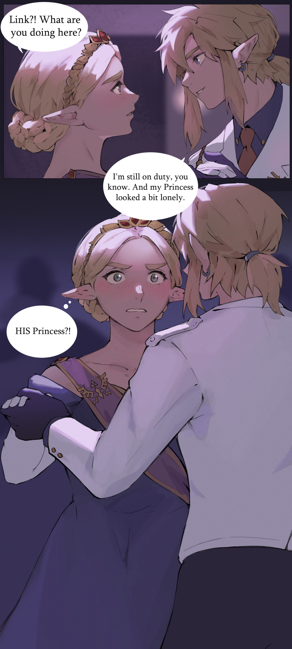 1boy, 1girl, ballroom, bare_shoulders, blonde_hair, blue_dress, dancing, dress