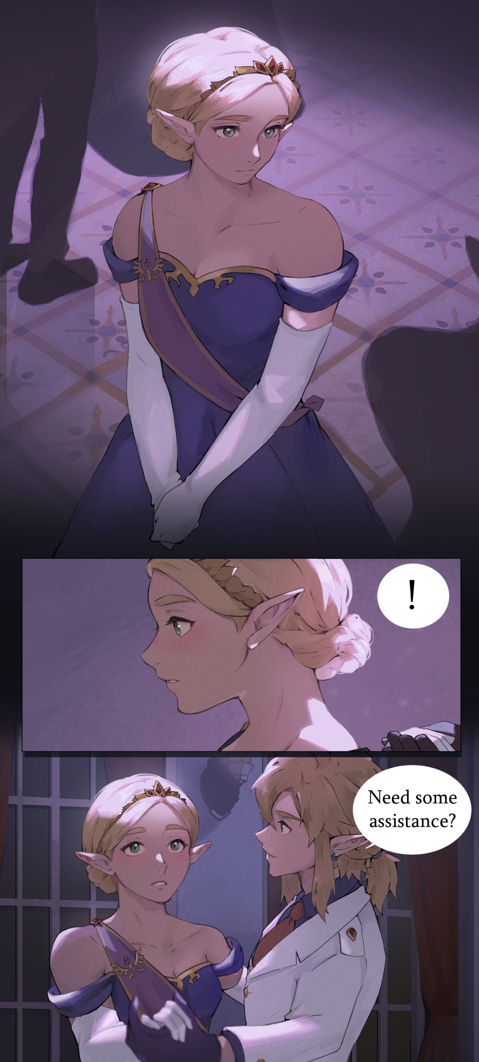 1boy, 1girl, ballroom, bare_shoulders, blonde_hair, blue_dress, dancing, dress, english_text, formal_clothes, green_eyes, hair_bun, highres, indoors, lavabun, link, nintendo, pointy_ears, princess_zelda, speech_bubble, suit, the_legend_of_zelda, the_legend_of_zelda:_breath_of_the_wild, the_legend_of_zelda:_tears_of_the_kingdom, tiara, white_suit