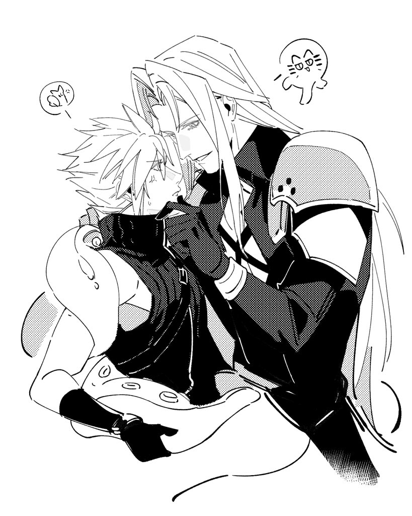 2boys, anger_vein, armor, black_coat, black_gloves, black_vest, cat, chest_strap, chinese_commentary, cloud_strife, coat, commentary_request, cropped_torso, dapanggezilan, final_fantasy, final_fantasy_vii, final_fantasy_vii:_advent_children, gloves, greyscale, grin, hand_on_another's_chin, hand_on_tentacle, hand_up, high_collar, leaning_forward, long_bangs, long_coat, long_hair, long_sleeves, looking_at_another, looking_down, male_focus, monochrome, multiple_boys, parted_bangs, parted_lips, pauldrons, screentones, sephiroth, short_hair, shoulder_armor, shoulder_strap, sleeveless, sleeveless_turtleneck, smile, spiked_hair, standing, suction_cups, sweatdrop, tentacles, tentacles_on_male, turtleneck, upper_body, vest, yaoi