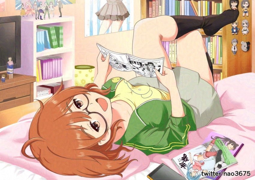 1girl, ahoge, araki_hina, bed_sheet, black_socks, blush, book, bookshelf