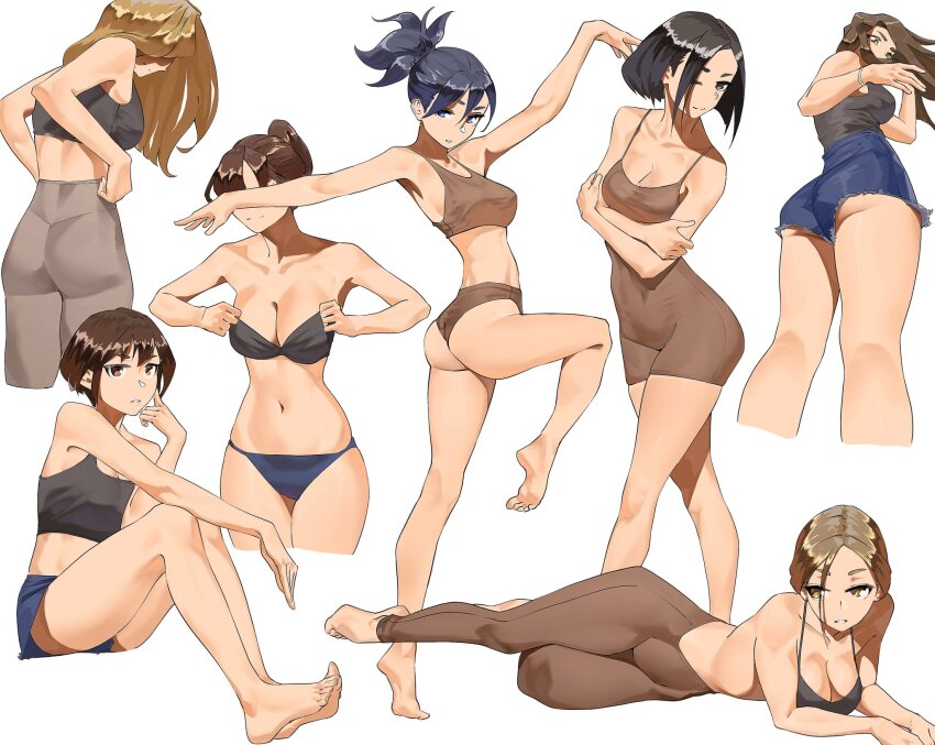 6+girls, adjusting_clothes, ass, ass_peek, blonde_hair, blue_eyes, blue_hair, bodysuit, bra, breasts, brown_eyes, brown_hair, cleavage, feet, highres, leg_up, leggings, long_hair, multiple_girls, original, panties, short_hair, skirt, sports_bra, stretching, tbocart, twisted_torso, underwear, white_background