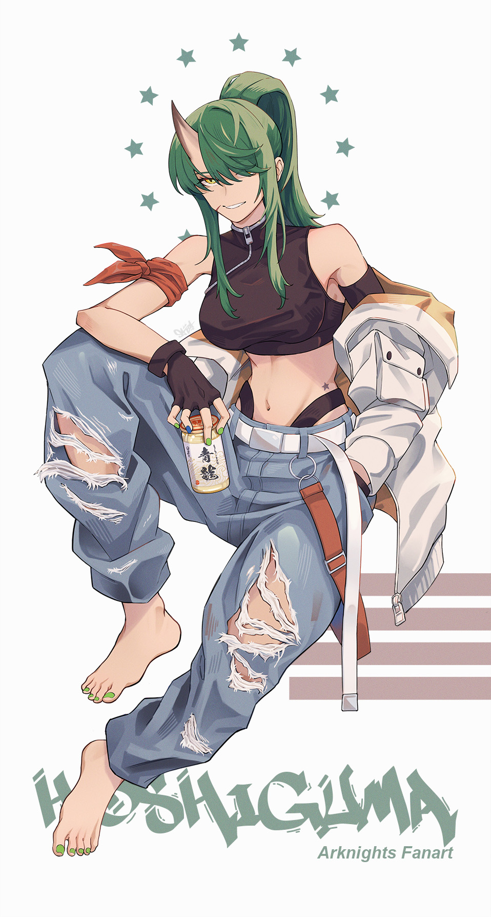 1girl, arknights, bare_shoulders, barefoot, black_gloves, black_shirt, breasts, character_name