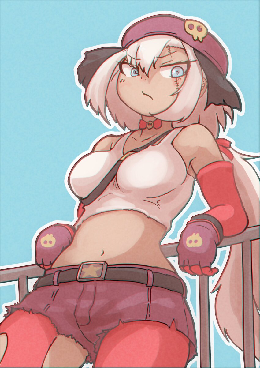 1girl, absurdres, bare_shoulders, belt, blue_background, blue_eyes, choker, elbow_gloves