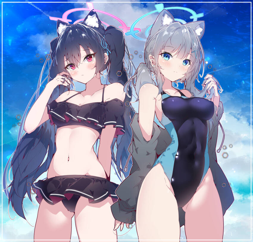 2girls, animal_ear_fluff, animal_ears, bare_arms, bare_legs, bare_shoulders, bikini, black_bikini