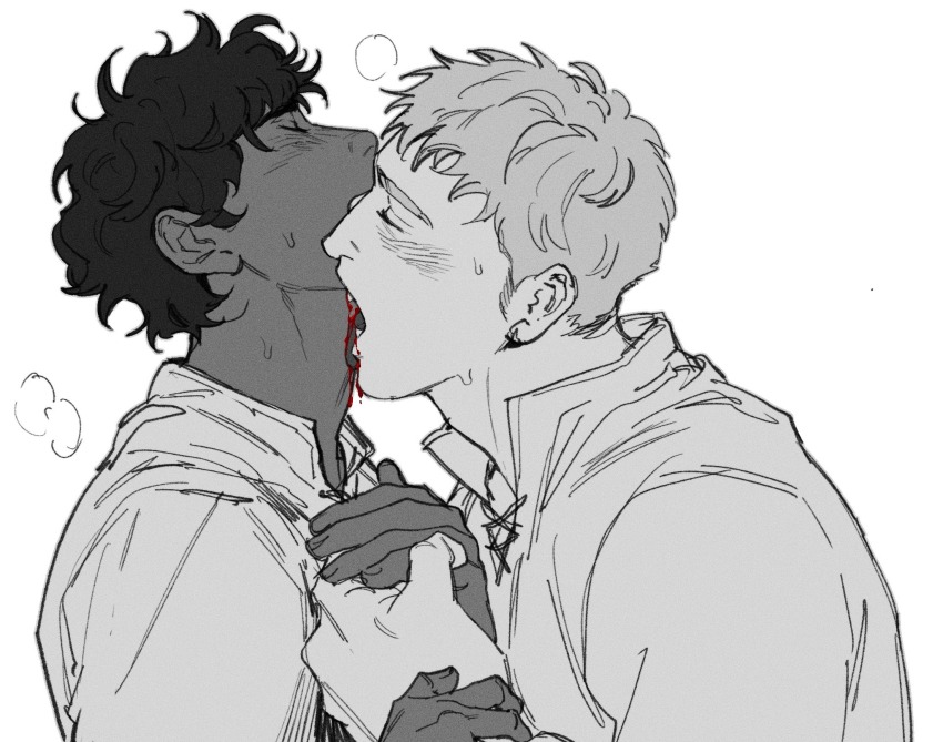 2boys, biting, blood, blood_drip, blush, breath, closed_eyes, couple, dark-skinned_male, dark_skin, dungeon_meshi, fangs, from_side, highres, holding_hands, jesuistae, kabru, laios_touden, licking, licking_another's_neck, male_focus, monochrome, multiple_boys, neck_biting, profile, short_hair, simple_background, spot_color, sweat, upper_body, wavy_hair, white_background, yaoi