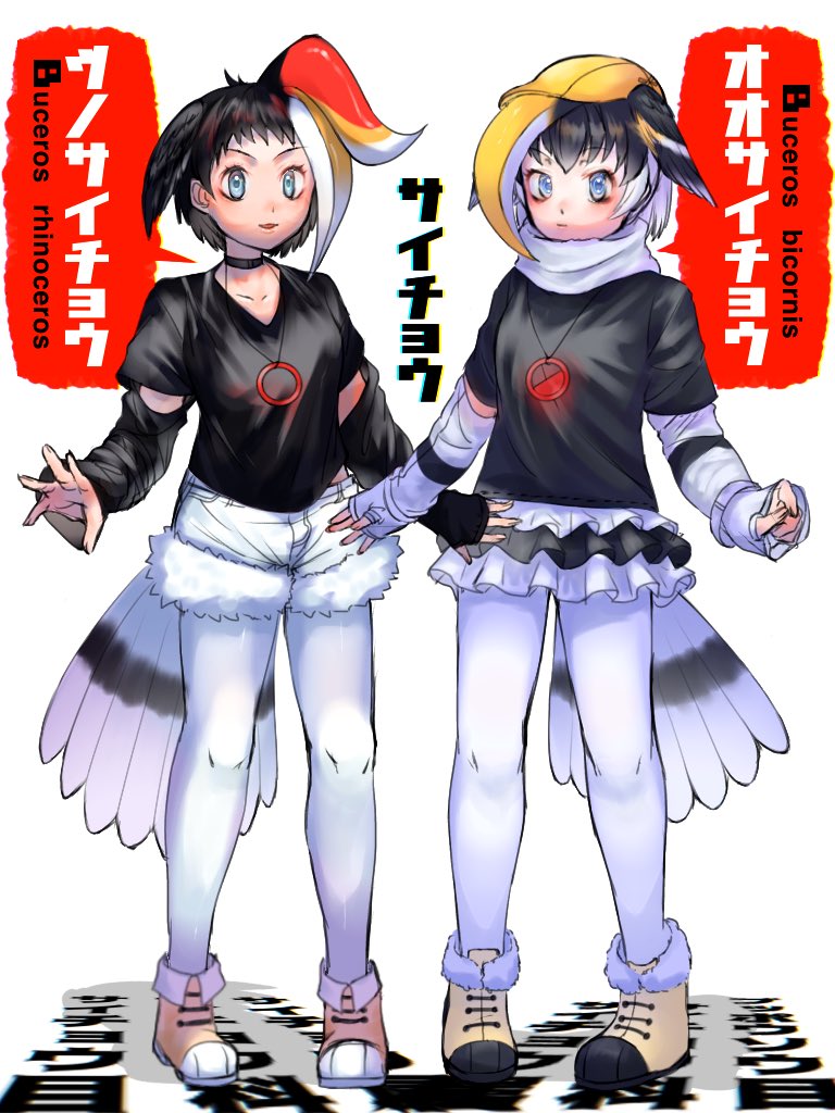 2girls, bird_girl, bird_tail, bird_wings, black_hair, blue_eyes, boots, choker