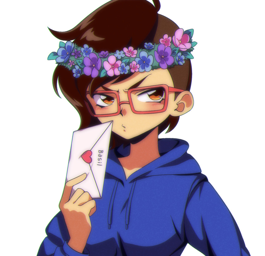 blue_hoodie, blush, brown_hair, head_wreath, heart, highres, hood, hoodie