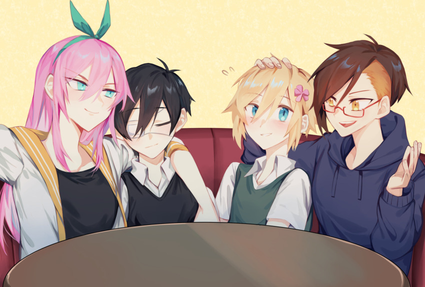 2boys, 2girls, aubrey_(faraway)_(omori), aubrey_(omori), basil_(faraway)_(omori), basil_(omori), black_hair, black_vest