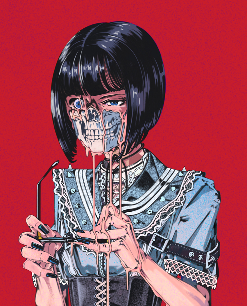 1girl, absurdres, black_choker, black_corset, black_hair, black_nails, blue_eyes, blue_shirt, choker, commentary, corset, creepy, english_commentary, highres, holding, holding_removed_eyewear, looking_ahead, melting, original, red_background, rudcef, shirt, short_hair, simple_background, skull, solo, sunglasses, unworn_eyewear, upper_body