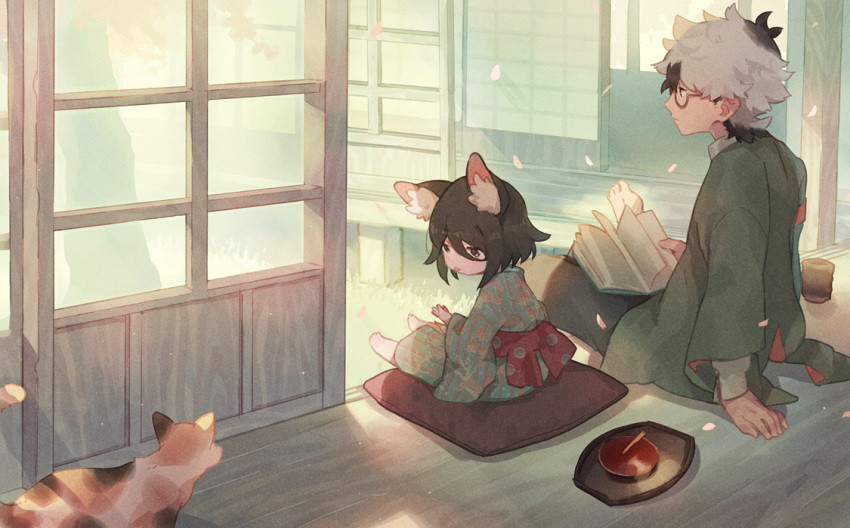 1boy, 1girl, animal_ear_fluff, animal_ears, barefoot, black_eyes, black_hair, black_pants