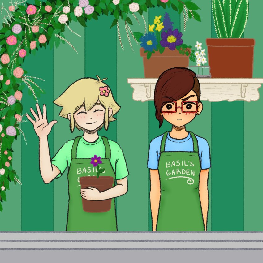 apron, basil_(faraway)_(omori), basil_(omori), blonde_hair, blush, brown_hair, cactus, flower