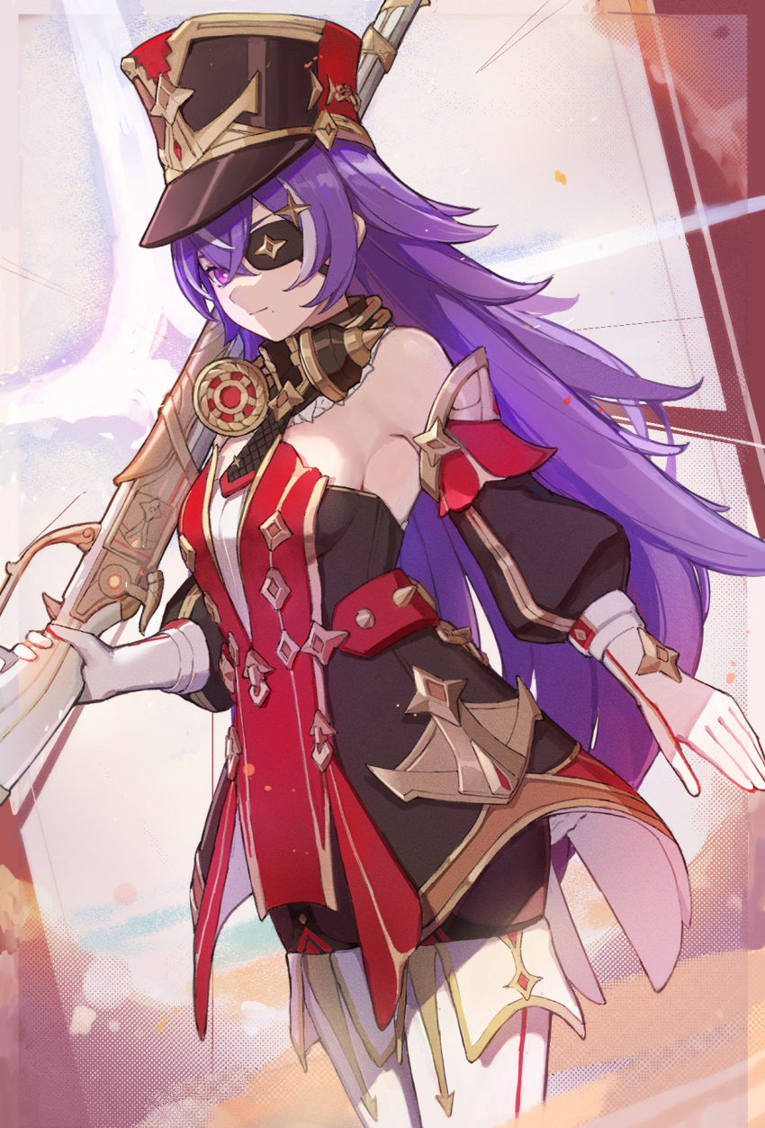 1girl, bare_shoulders, black_dress, breasts, chevreuse_(genshin_impact), cowboy_shot, crossed_bangs, detached_sleeves