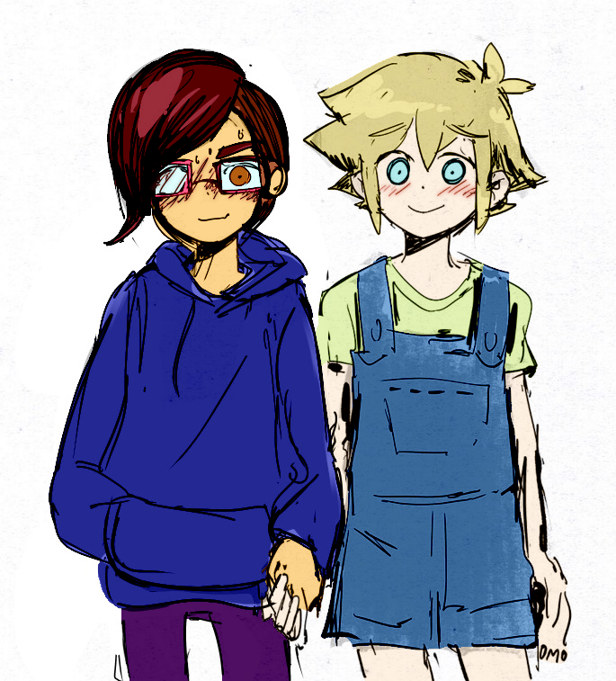 1boy, 1girl, basil_(faraway)_(omori), basil_(omori), blonde_hair, blue_eyes, blush, brown_hair