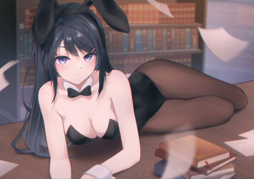 1girl, amarisuu, animal_ears, bare_shoulders, black_bow, black_bowtie, black_hair, black_leotard, black_pantyhose, book, bookshelf, bow, bowtie, breasts, cleavage, detached_collar, hair_ornament, hairclip, highres, leotard, long_hair, lying, medium_breasts, on_side, on_table, pantyhose, paper, playboy_bunny, purple_eyes, rabbit_ears, sakurajima_mai, seishun_buta_yarou, solo, strapless, strapless_leotard, table, wrist_cuffs