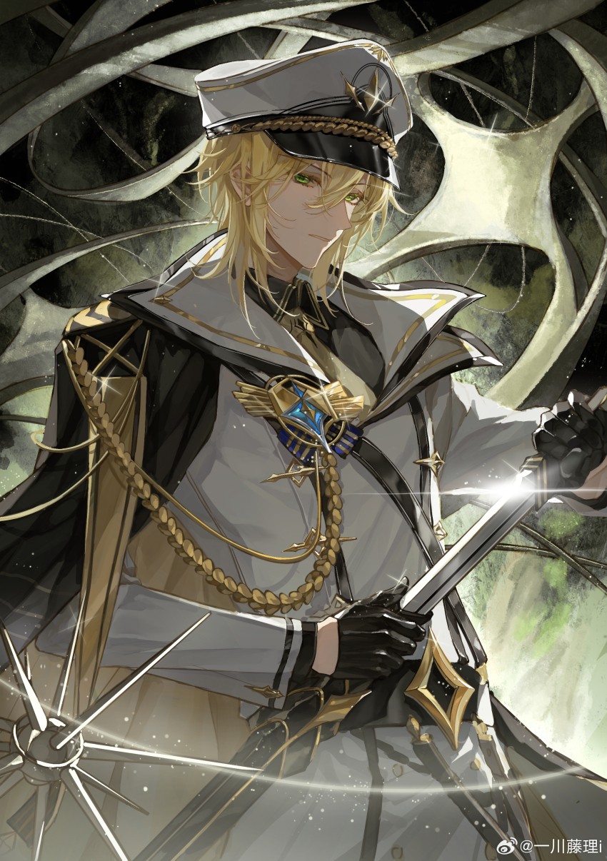1boy, absurdres, aiguillette, alkaid_mcgrath, alkaid_mcgrath_(infinite_empire), belt, belt_buckle, black_belt, black_cape, black_gloves, blonde_hair, buckle, buttoned_cuffs, buttons, cape, collared_shirt, cowboy_shot, double-breasted, expressionless, glint, gloves, green_eyes, hair_between_eyes, half_gloves, hat, highres, holding, holding_sword, holding_weapon, jacket, light_particles, long_sleeves, looking_at_viewer, lovebrush_chronicles, male_focus, medal, medium_hair, military_hat, military_uniform, necktie, parted_lips, peaked_cap, sam_browne_belt, sheath, shirt, side_cape, solo, standing, sword, unsheathing, watermark, weapon, weibo_watermark, white_jacket, yellow_necktie, yichuan_tengli