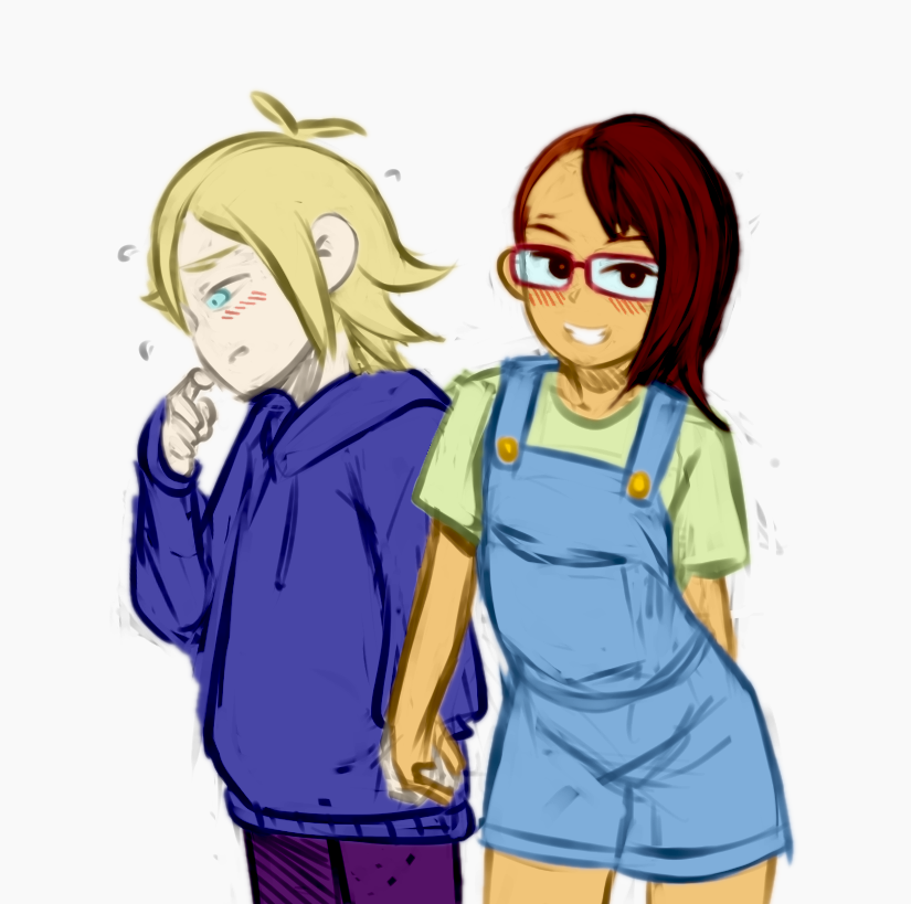 1boy, 1girl, basil_(headspace)_(omori), basil_(omori), blonde_hair, blue_eyes, blush, brown_hair