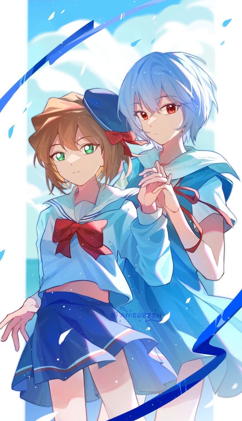 2girls, absurdres, amegreen, ayanami_rei, blue_hair, blue_skirt, bow, bowtie